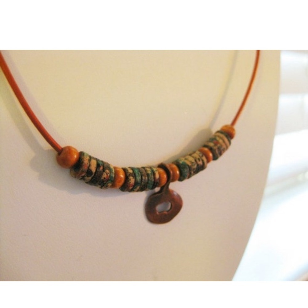 Mykonos Greek Ceramic, Wood, and Copper Beaded Leather Necklace